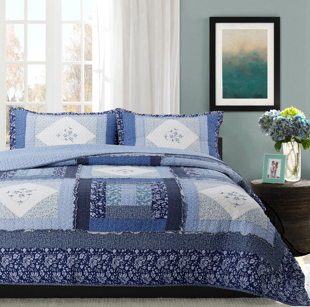 Moyle Blue Real Patchwork Embroidered Floral Ruffle Cotton 3-Piece Reversible Quilt Bedding Set