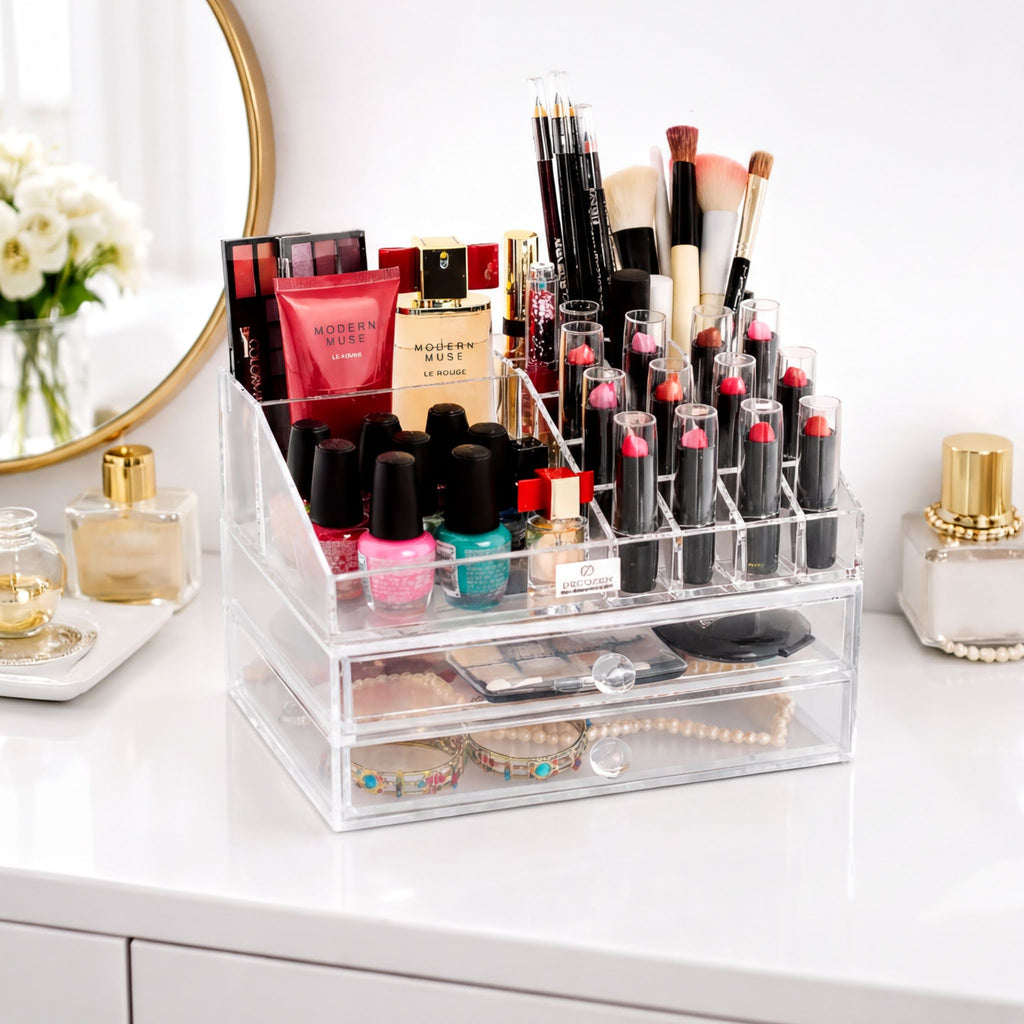 Clear Makeup Organizer - Acrylic Cosmetic Storage Box with 19 Slots & 2 Drawers
