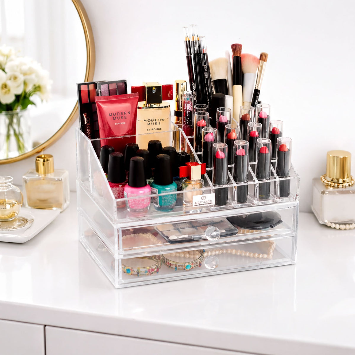Clear Makeup Organizer - Acrylic Cosmetic Storage Box with 19 Slots & 2 Drawers