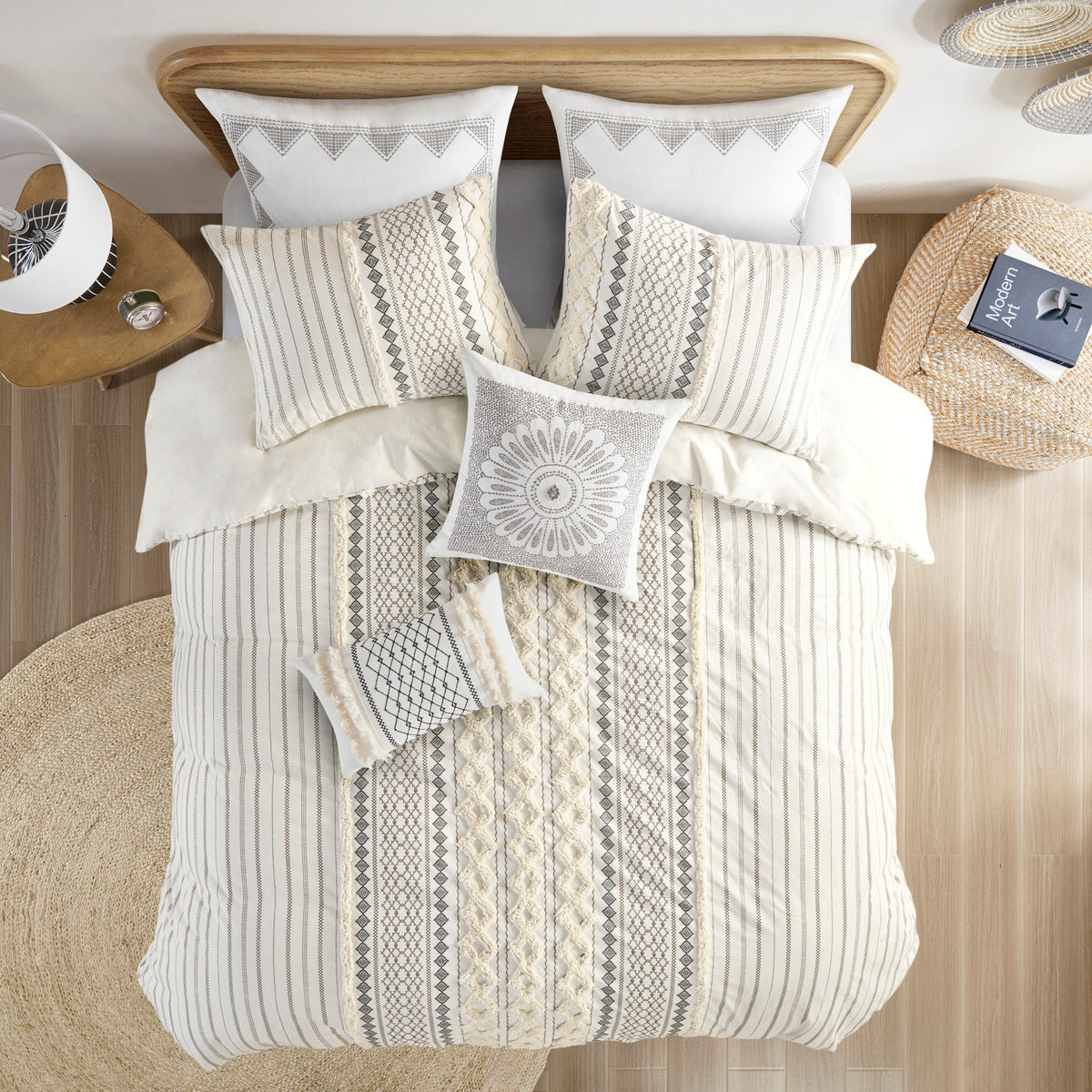 Full/Queen Cotton Printed Duvet Cover Set with Chenille - Multicolor