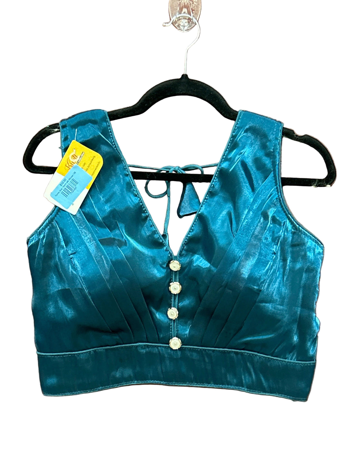2064 - Womens Teal Satin Silk Blouse With Inner Sleeves And Front Buttons
