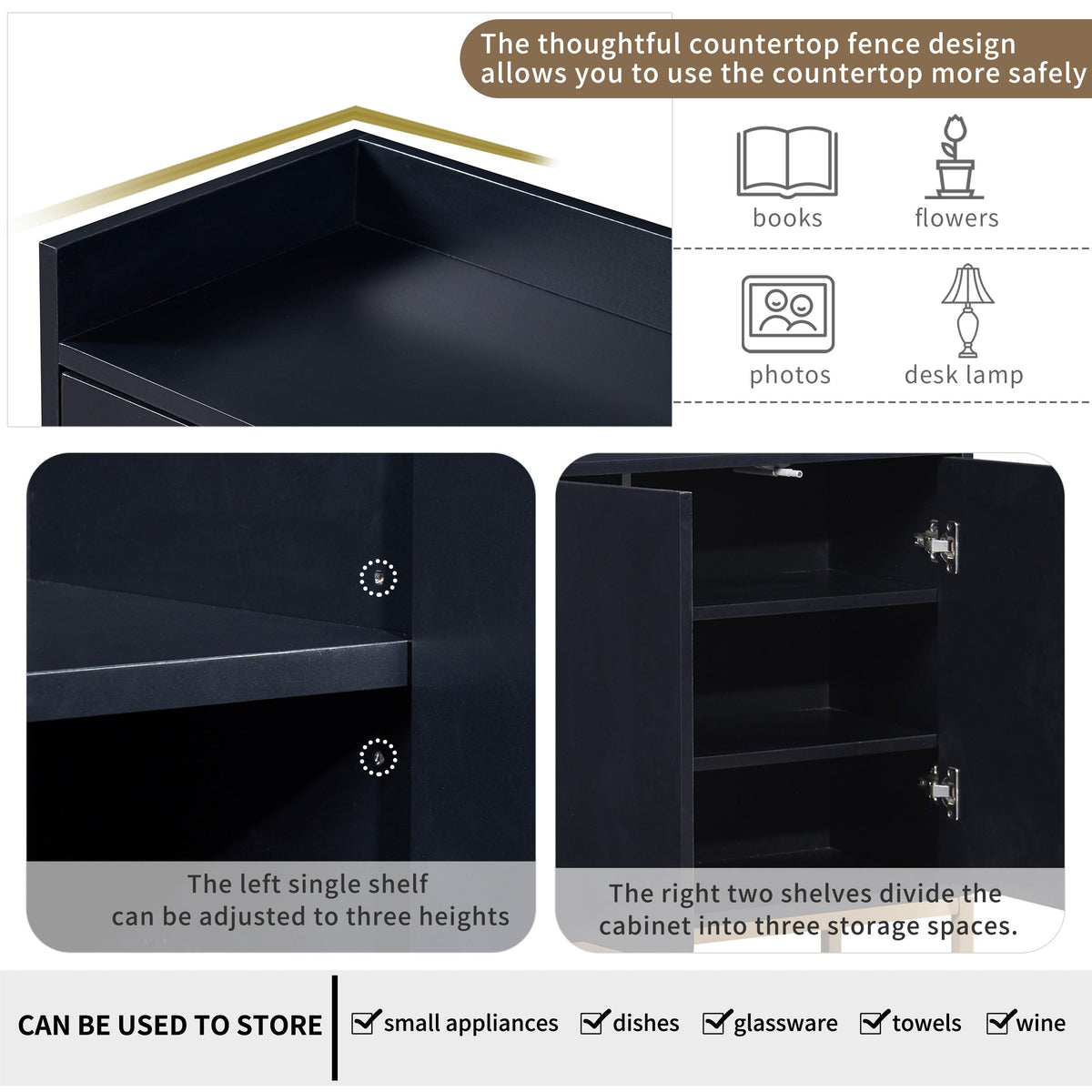 Modern Sideboard Buffet Cabinet with Adjustable Shelves - Black