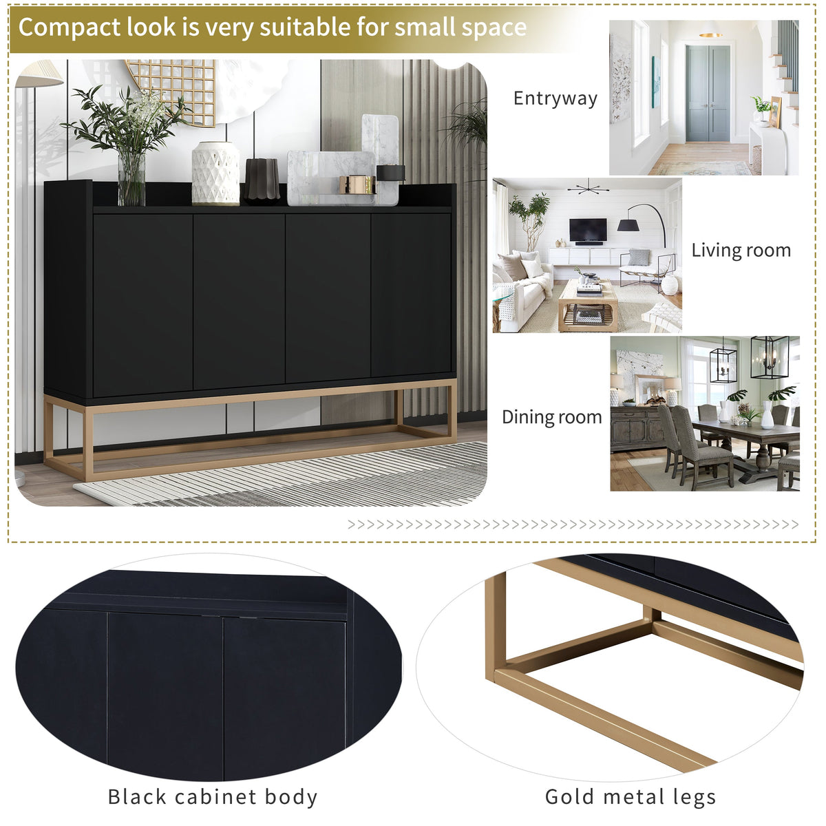 Modern Sideboard Buffet Cabinet with Adjustable Shelves - Black