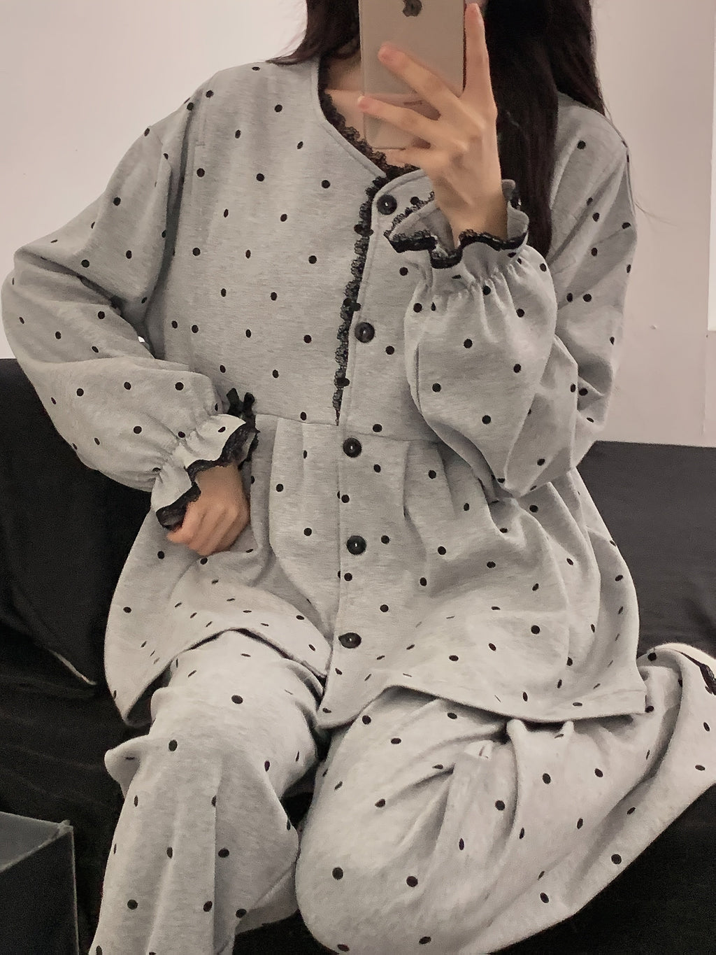 Women's Maternity Nursing Pajama Set – Long Sleeve Nightgown & Adjustable Pants, Polka Dot Stretch Knit Loungewear for Postpartum & Breastfeeding