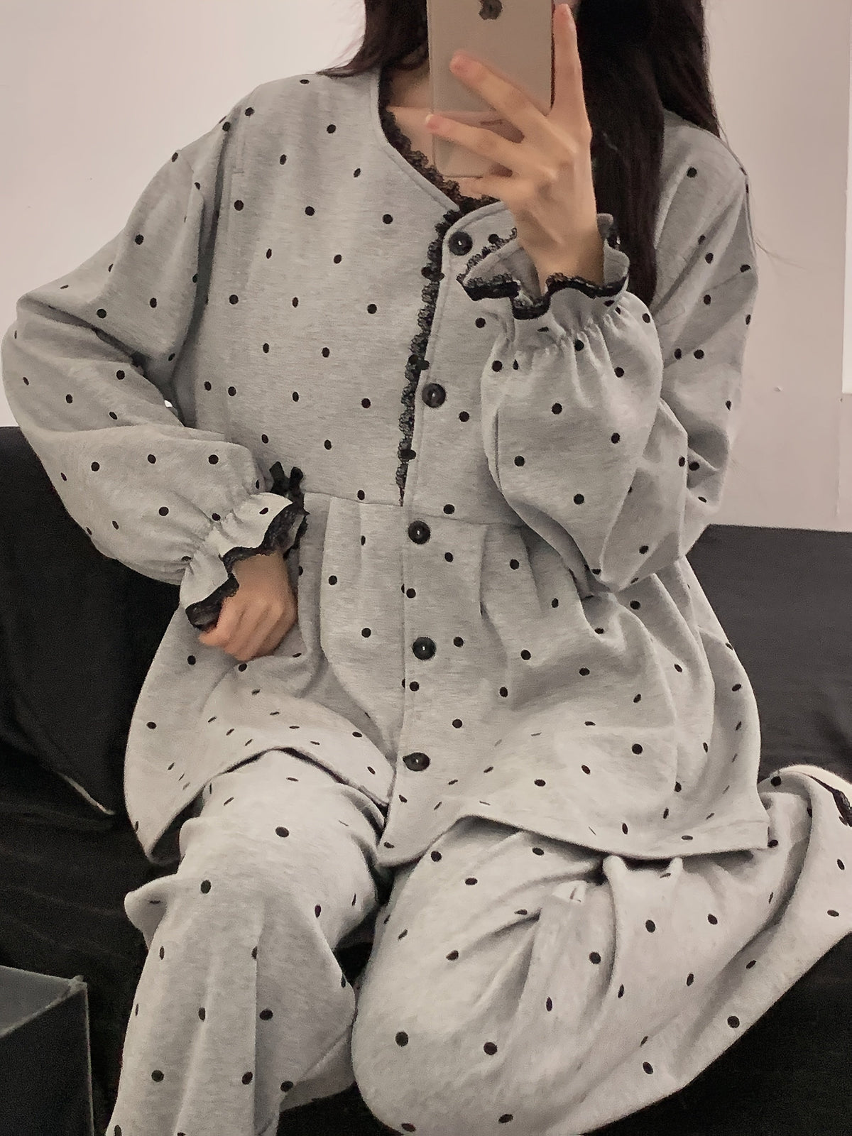 Women's Maternity Nursing Pajama Set – Long Sleeve Nightgown & Adjustable Pants, Polka Dot Stretch Knit Loungewear for Postpartum & Breastfeeding