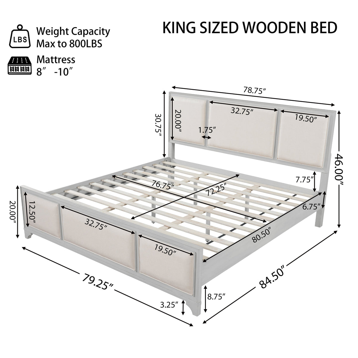 King Size Bed Frame with Upholstered Headboard - White-Washed Wood & Beige Upholstery