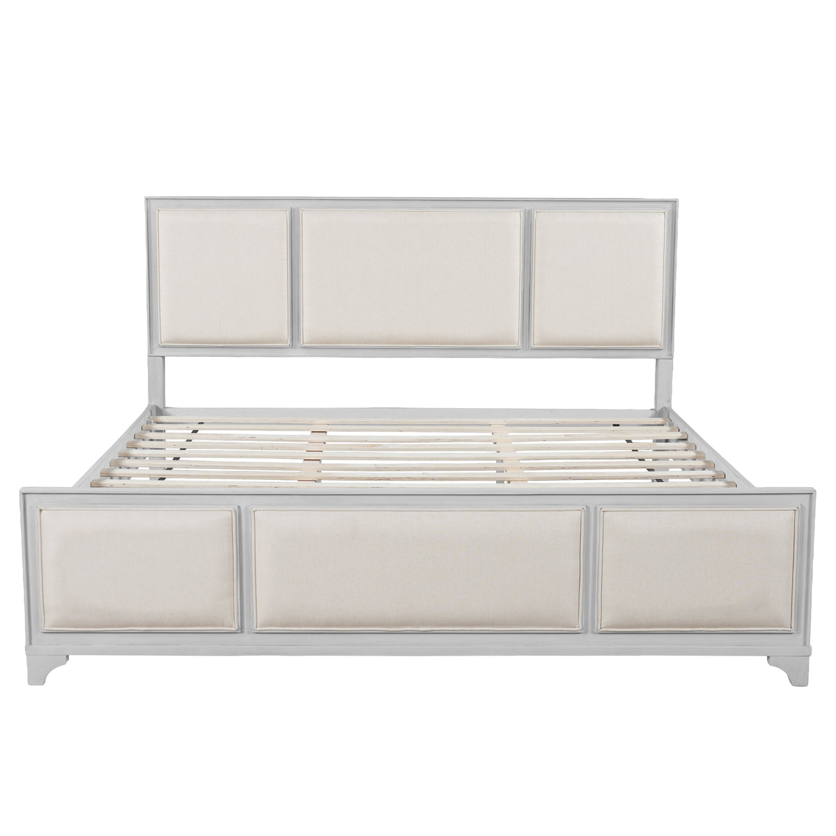 King Size Bed Frame with Upholstered Headboard - White-Washed Wood & Beige Upholstery