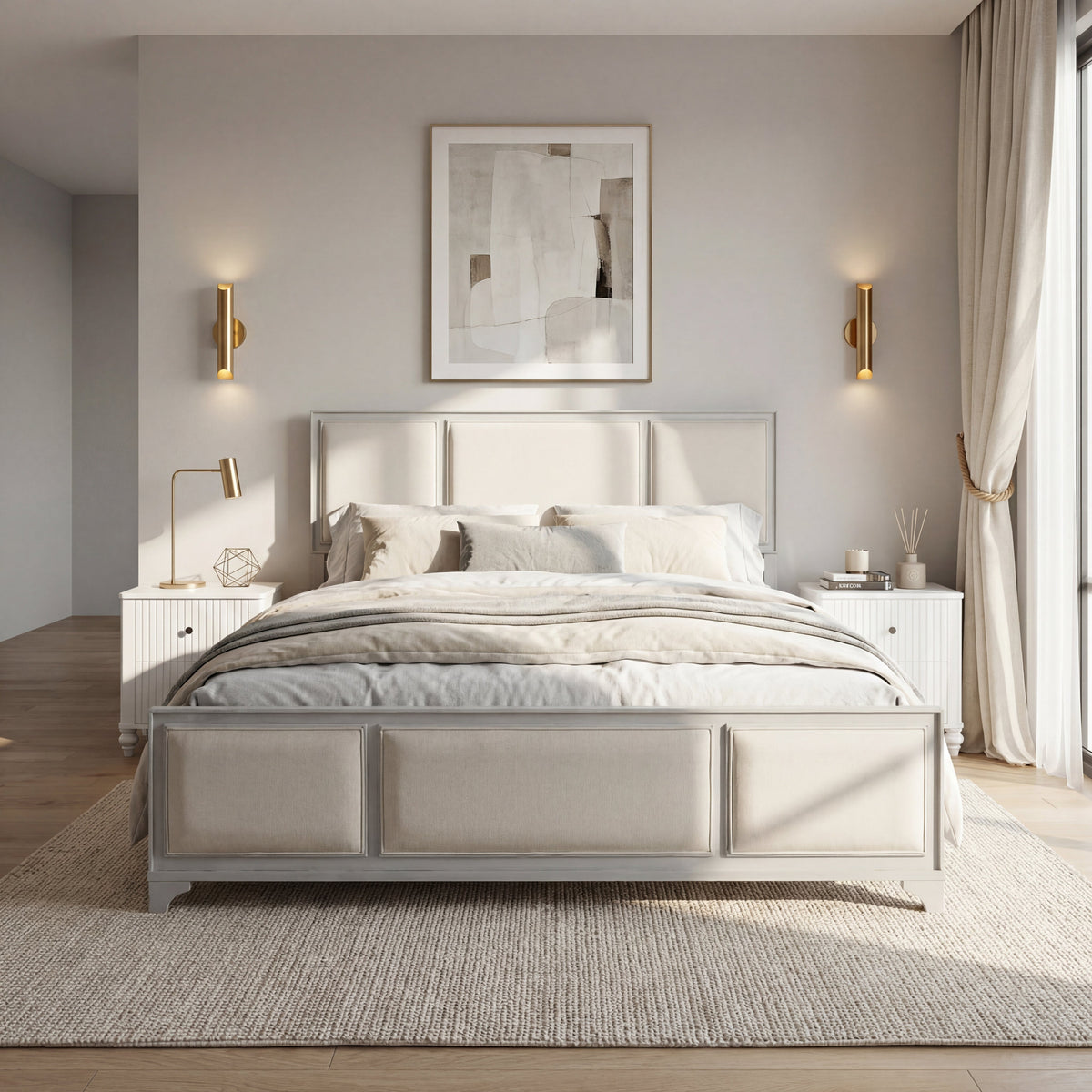 King Size Bed Frame with Upholstered Headboard - White-Washed Wood & Beige Upholstery