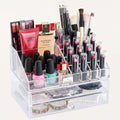 Clear Makeup Organizer - Acrylic Cosmetic Storage Box with 19 Slots & 2 Drawers