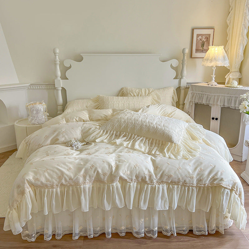 Lace rose embroidery all cotton four piece set pure cotton bed with cotton clip bed skirt duvet cover