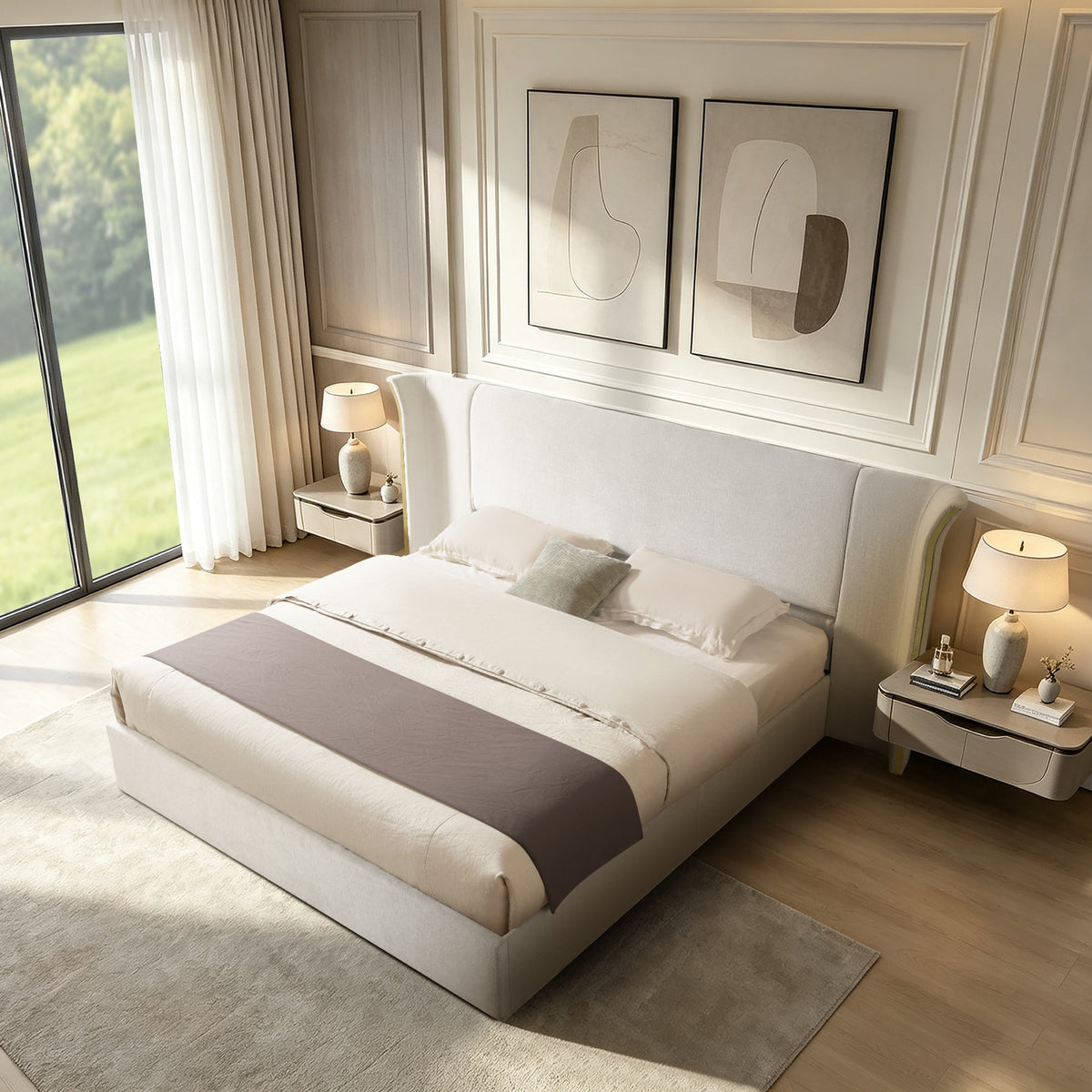 King Size Luxury Wing-Back Upholstered Bed Frame with Padded Headboard - Beige