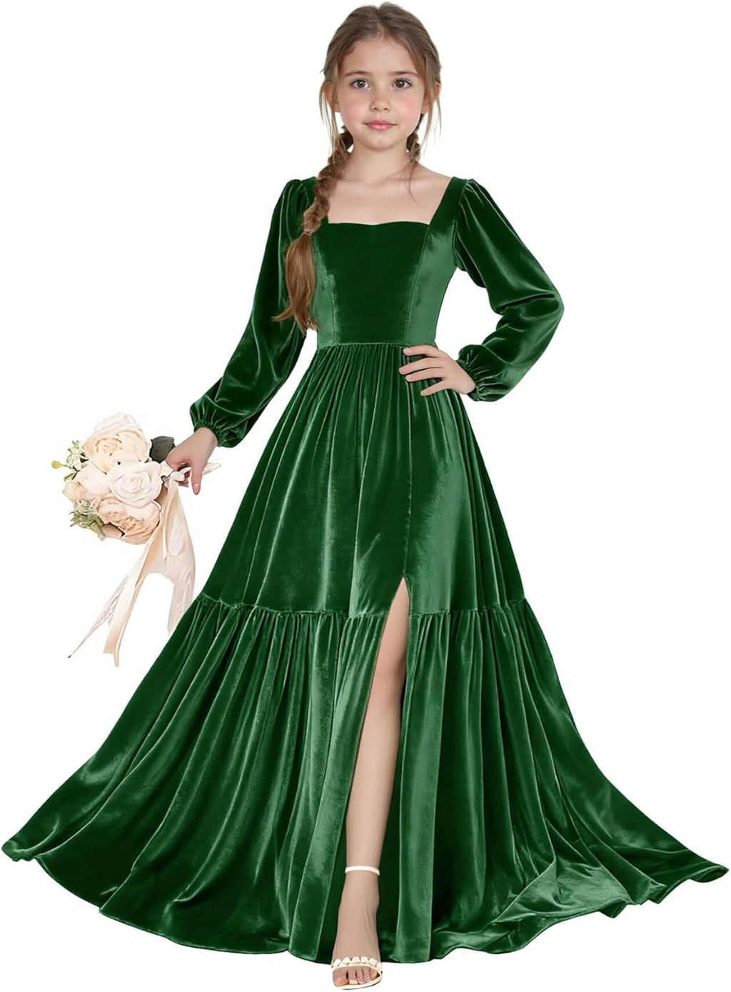 Long Sleeve Velvet Junior Bridesmaid Dresses Girls Holiday Dresses with Slit Christmas Maxi Dress Formal Party Gown