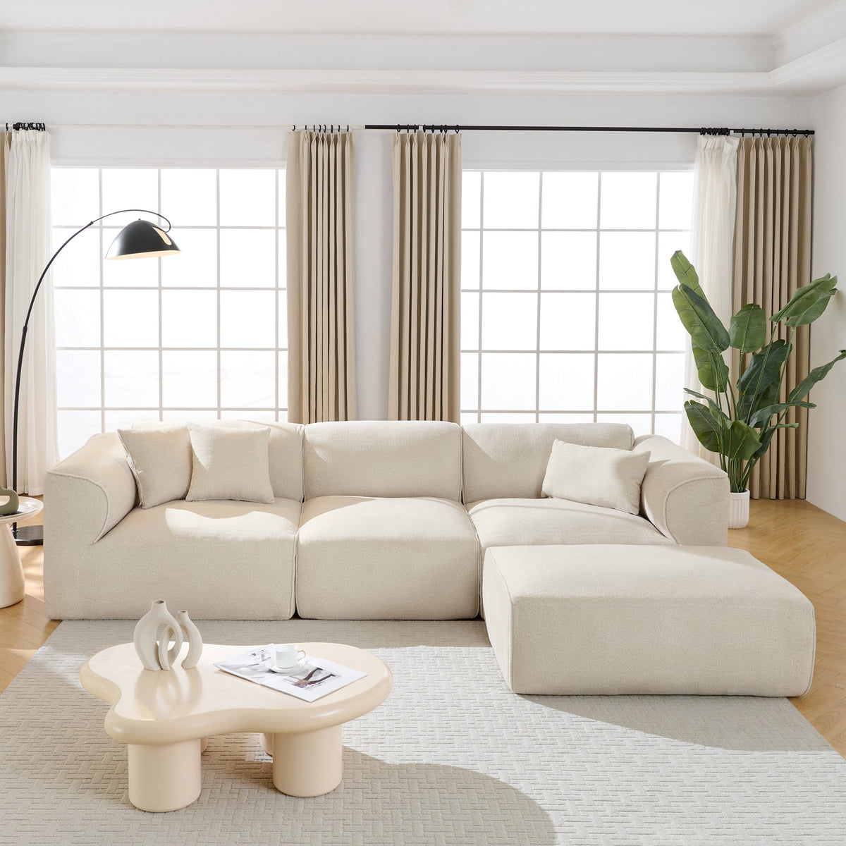Luxury Velvet Sectional Sofa with Detachable Footstool - 4-Seater