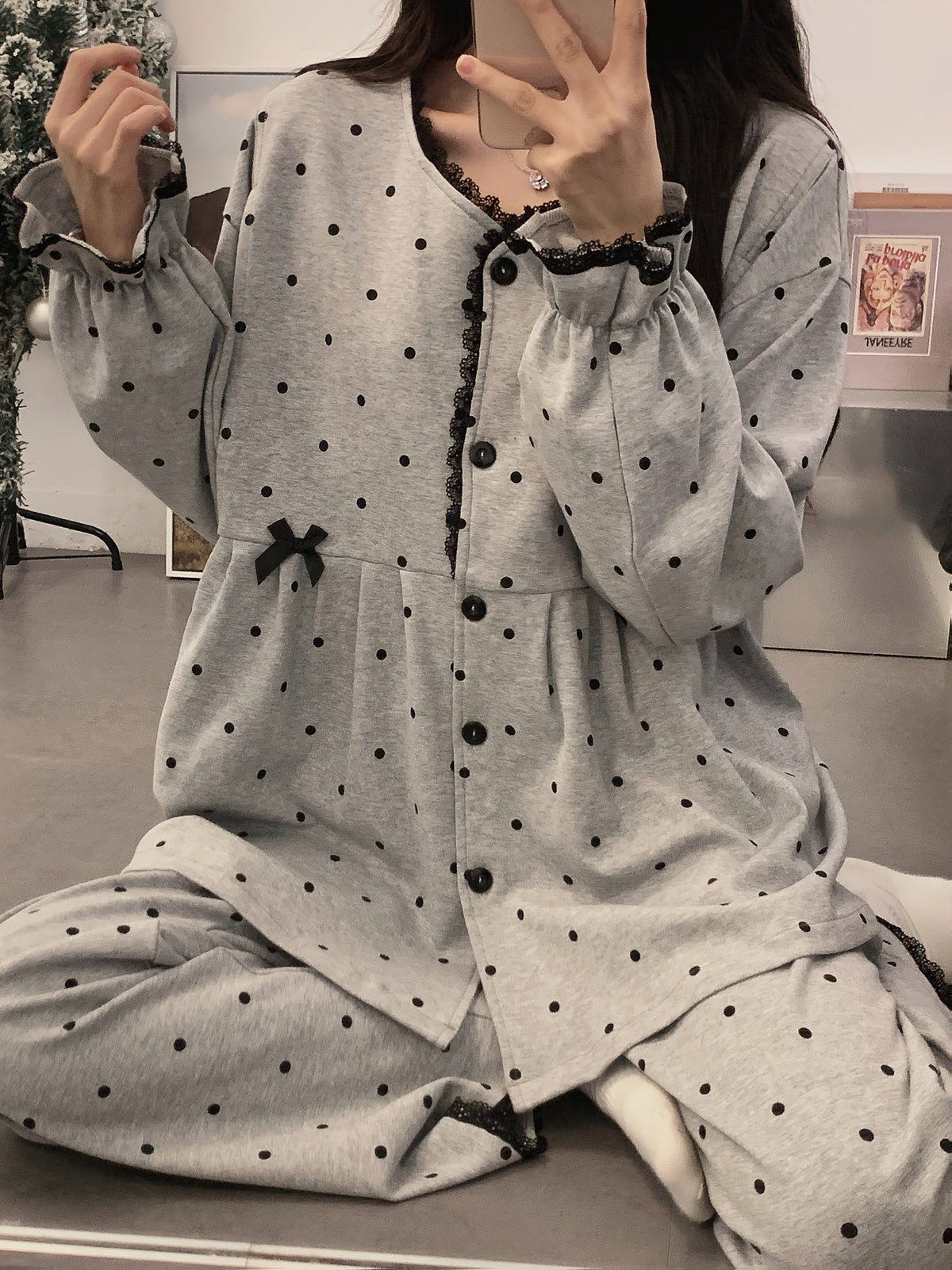 Women's Maternity Nursing Pajama Set – Long Sleeve Nightgown & Adjustable Pants, Polka Dot Stretch Knit Loungewear for Postpartum & Breastfeeding