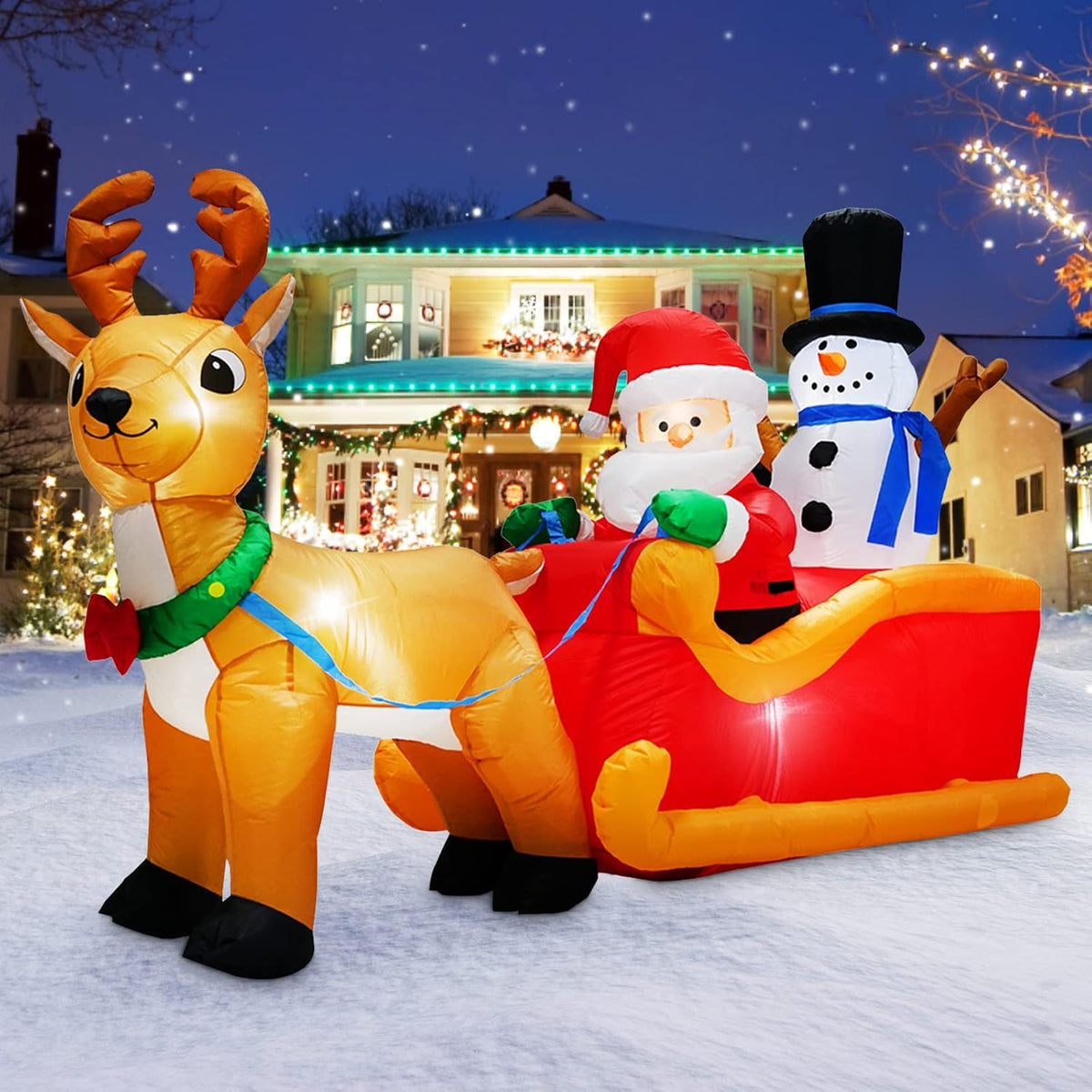 12 Foot Long Christmas Inflatables Santa Claus & Reindeer Sleigh Outdoor Decorations, Built-in LEDs Giant Funny Sled Merry Xmas Blow Up Yard Decoration Winter Inflatable Vacation Lawn Outside Blowups