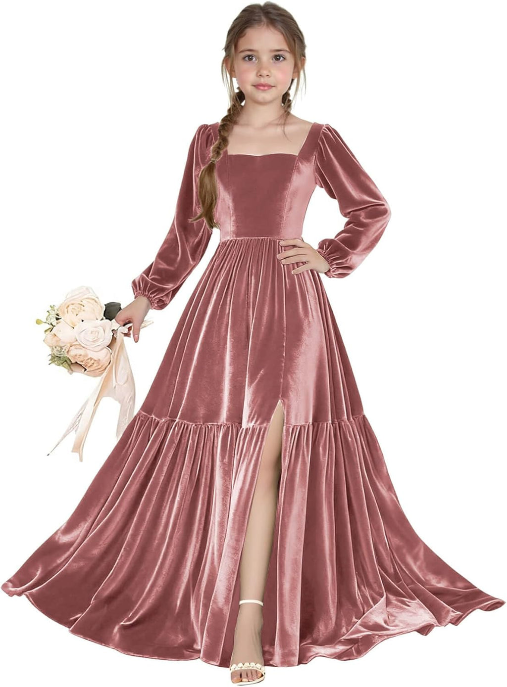 Long Sleeve Velvet Junior Bridesmaid Dresses Girls Holiday Dresses with Slit Christmas Maxi Dress Formal Party Gown