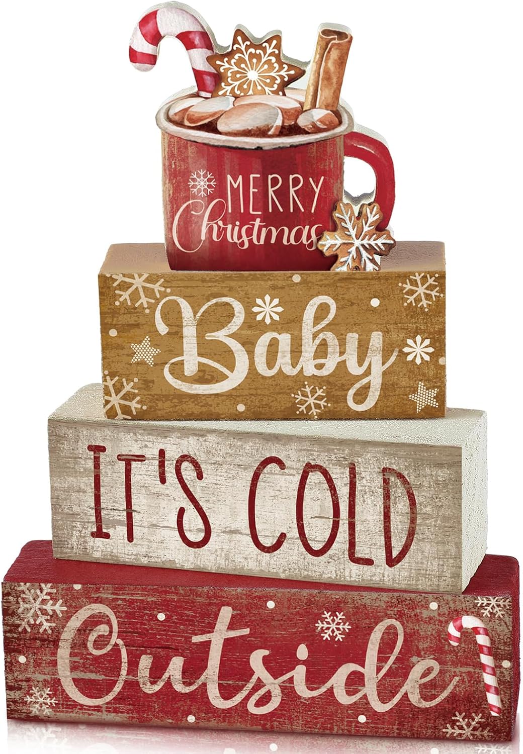 4 Pcs Christmas Table Decor Wooden Hot Cocoa Decoration Christmas Centerpiece Winter Tiered Tray Decor Decorative Red Hot Cocoa Block Signs Gift Farmhouse Xmas Decoration for Home Kitchen