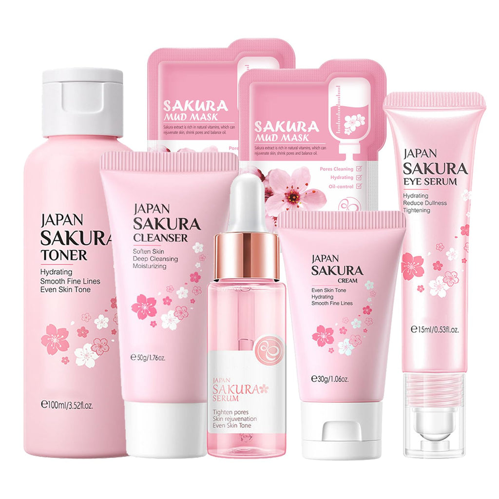 Skin Care Set Sakura Women Beauty Gift Sets Korean Skin Care Kit- CleanserSerumFace CreamTonerEye CreamMud Mask-Skin Care Routine Kit (One Size Cherry Blossom-StyleA-Bae Moisturizing)
