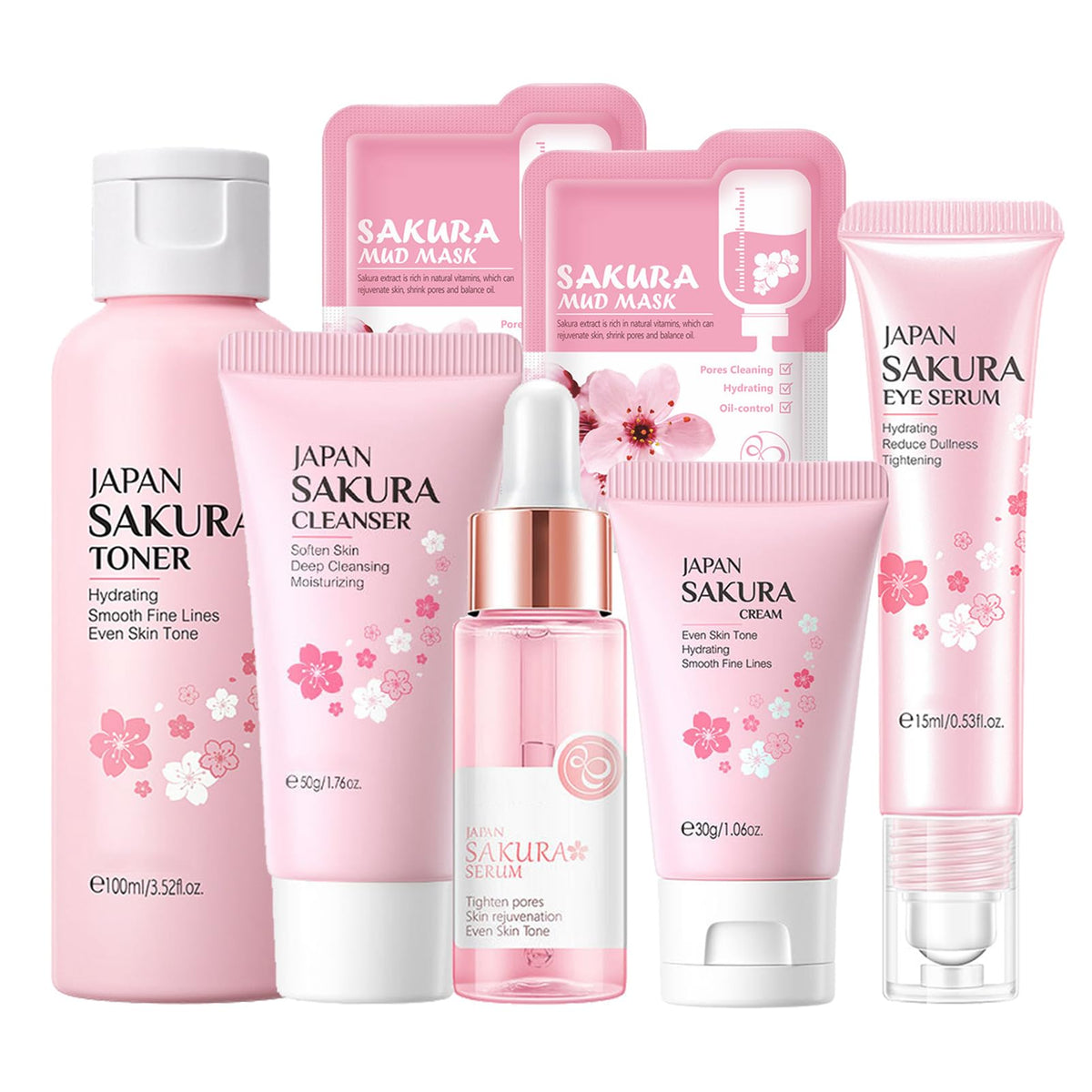 Skin Care Set Sakura Women Beauty Gift Sets Korean Skin Care Kit- CleanserSerumFace CreamTonerEye CreamMud Mask-Skin Care Routine Kit (One Size Cherry Blossom-StyleA-Bae Moisturizing)