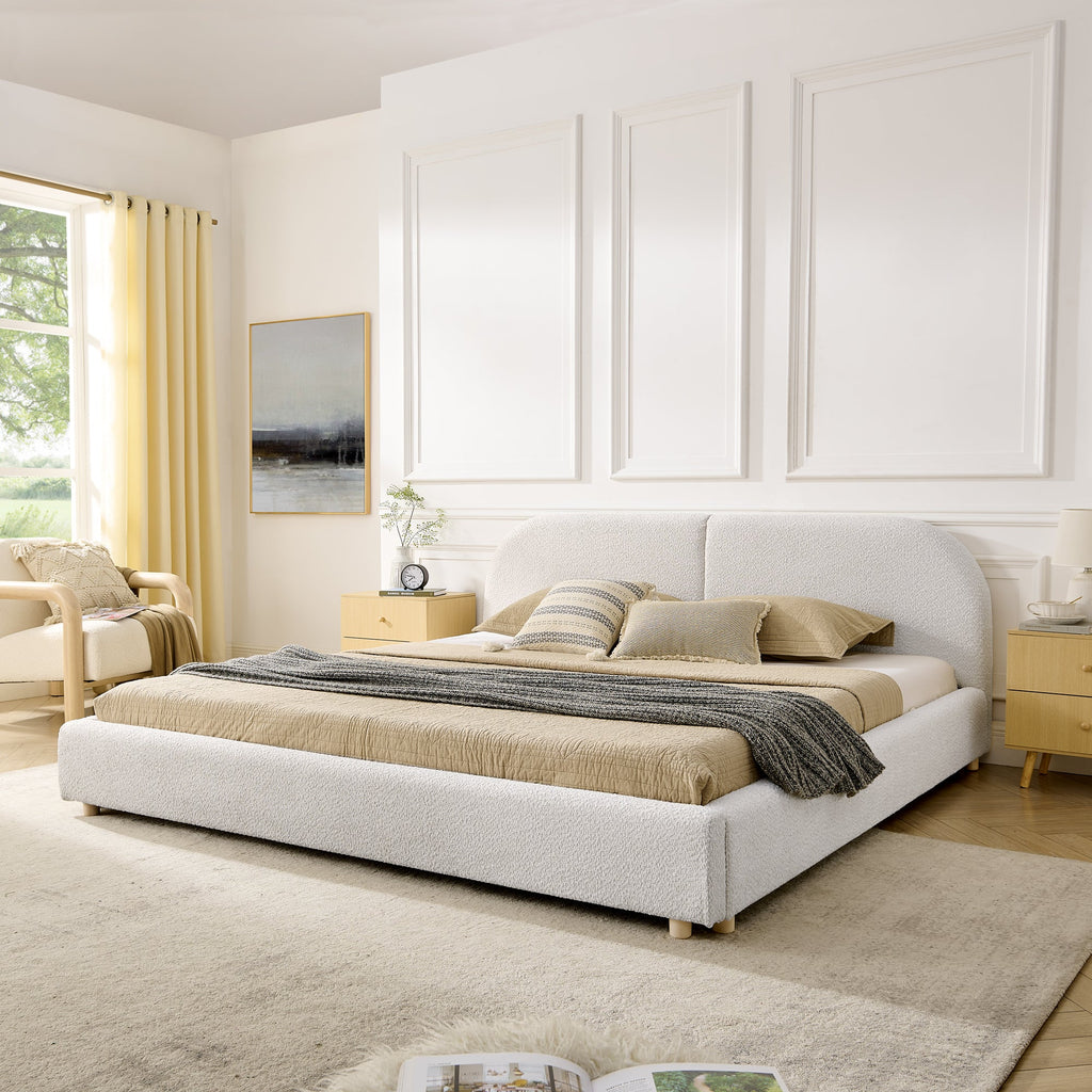 King Size Upholstered Bed Frame with Tall Curved Headboard - Beige