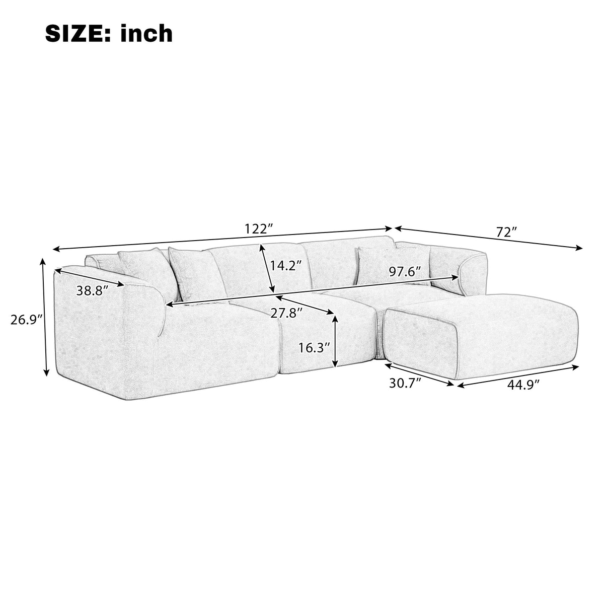 Luxury Velvet Sectional Sofa with Detachable Footstool - 4-Seater