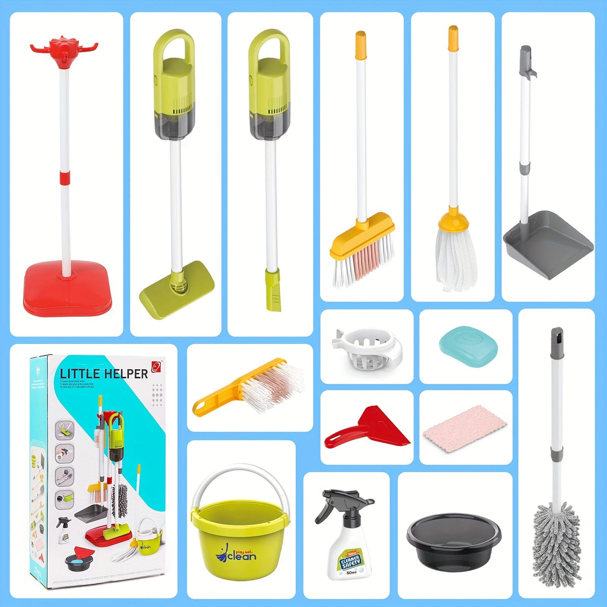 All-in-One Electric Toy Vacuum & Pretend Cleaning Set with Broom, Mop, Dustpan, Bucket & Storage Box — Role-Play Housekeeping Toy for Kids Ages 3+