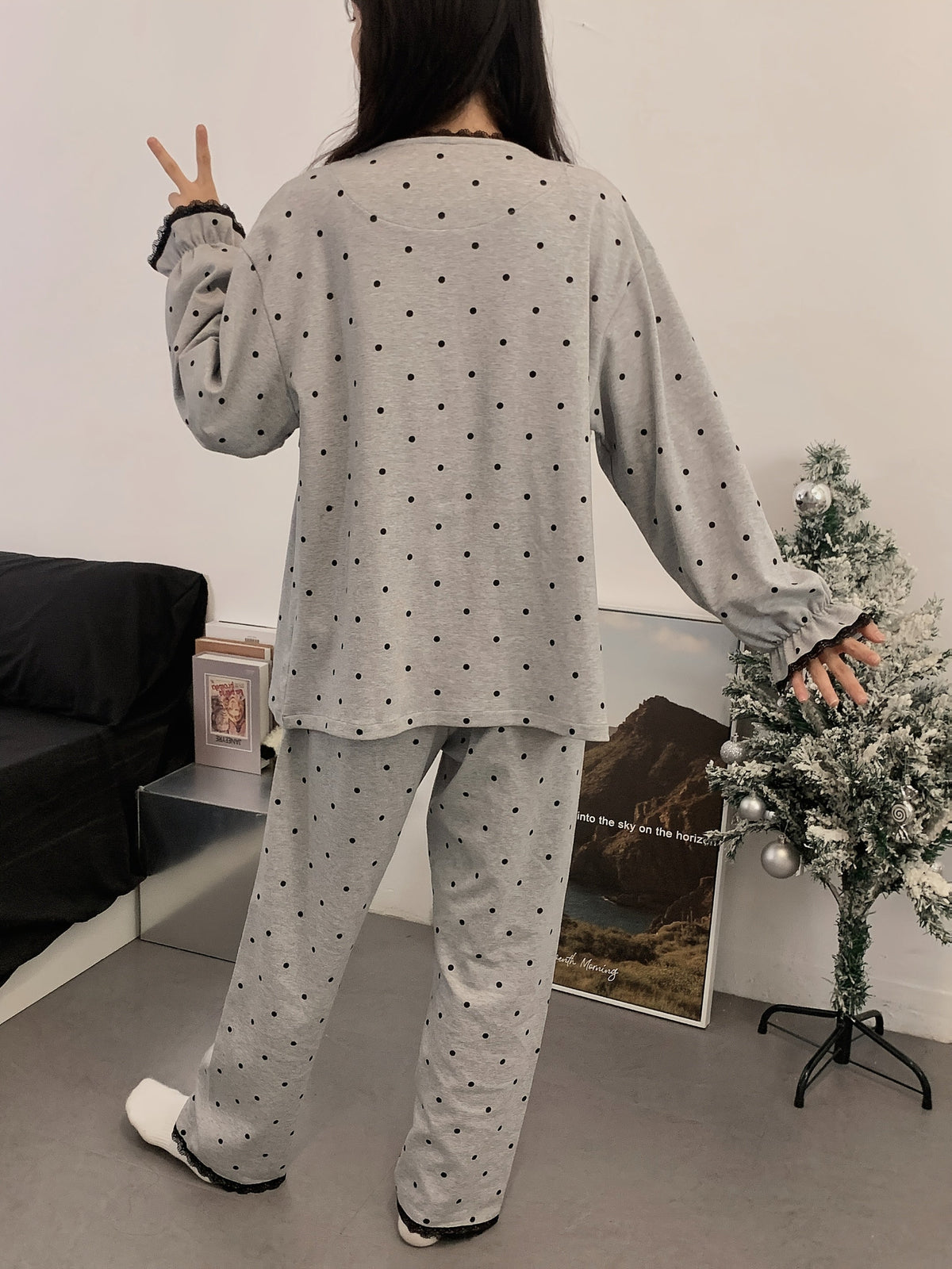 Women's Maternity Nursing Pajama Set – Long Sleeve Nightgown & Adjustable Pants, Polka Dot Stretch Knit Loungewear for Postpartum & Breastfeeding