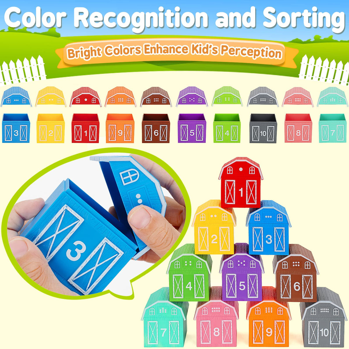 Farm Animal Learning Barn with Finger Puppets for Counting, Color Sorting and Montessori Play