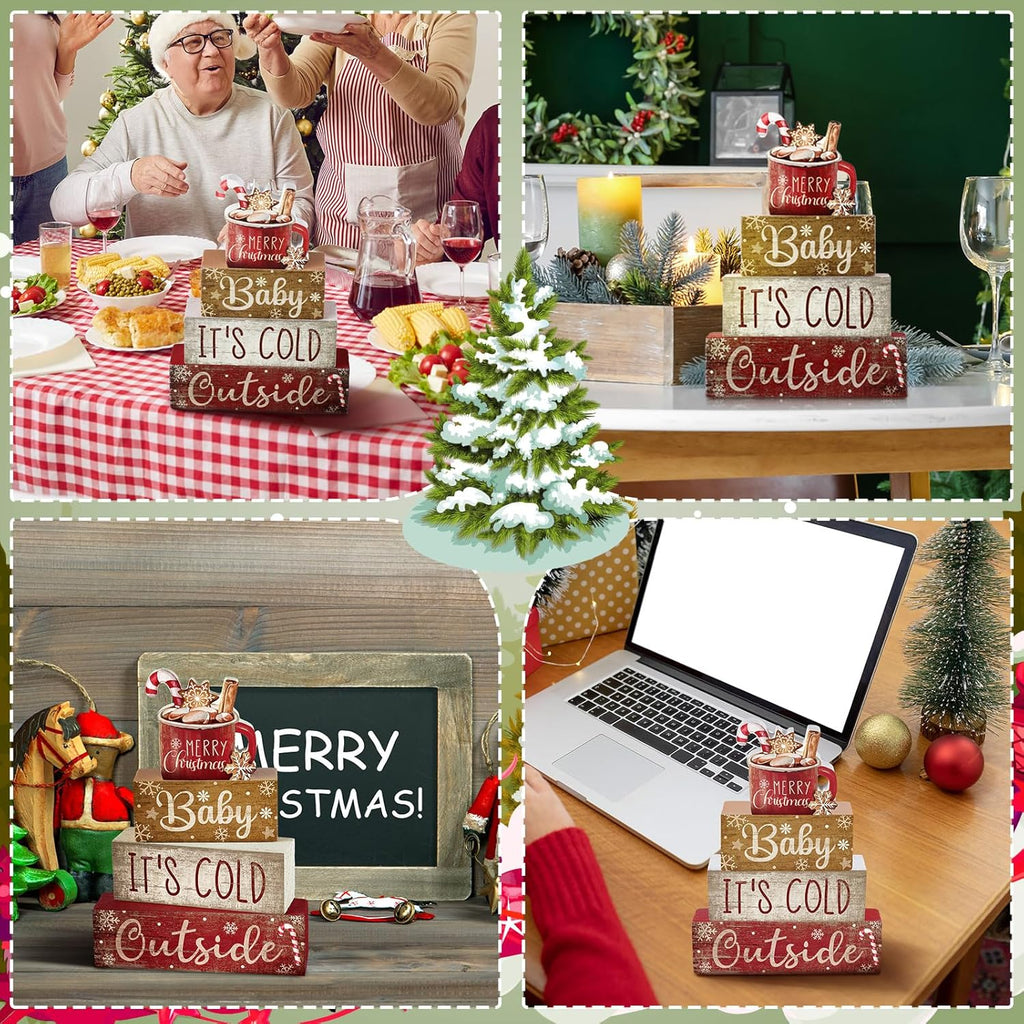 4 Pcs Christmas Table Decor Wooden Hot Cocoa Decoration Christmas Centerpiece Winter Tiered Tray Decor Decorative Red Hot Cocoa Block Signs Gift Farmhouse Xmas Decoration for Home Kitchen