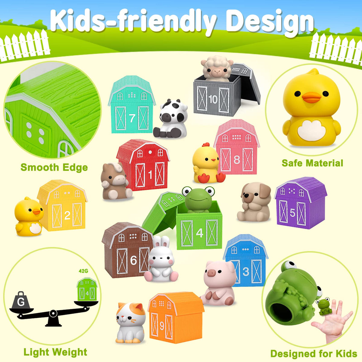 Farm Animal Learning Barn with Finger Puppets for Counting, Color Sorting and Montessori Play