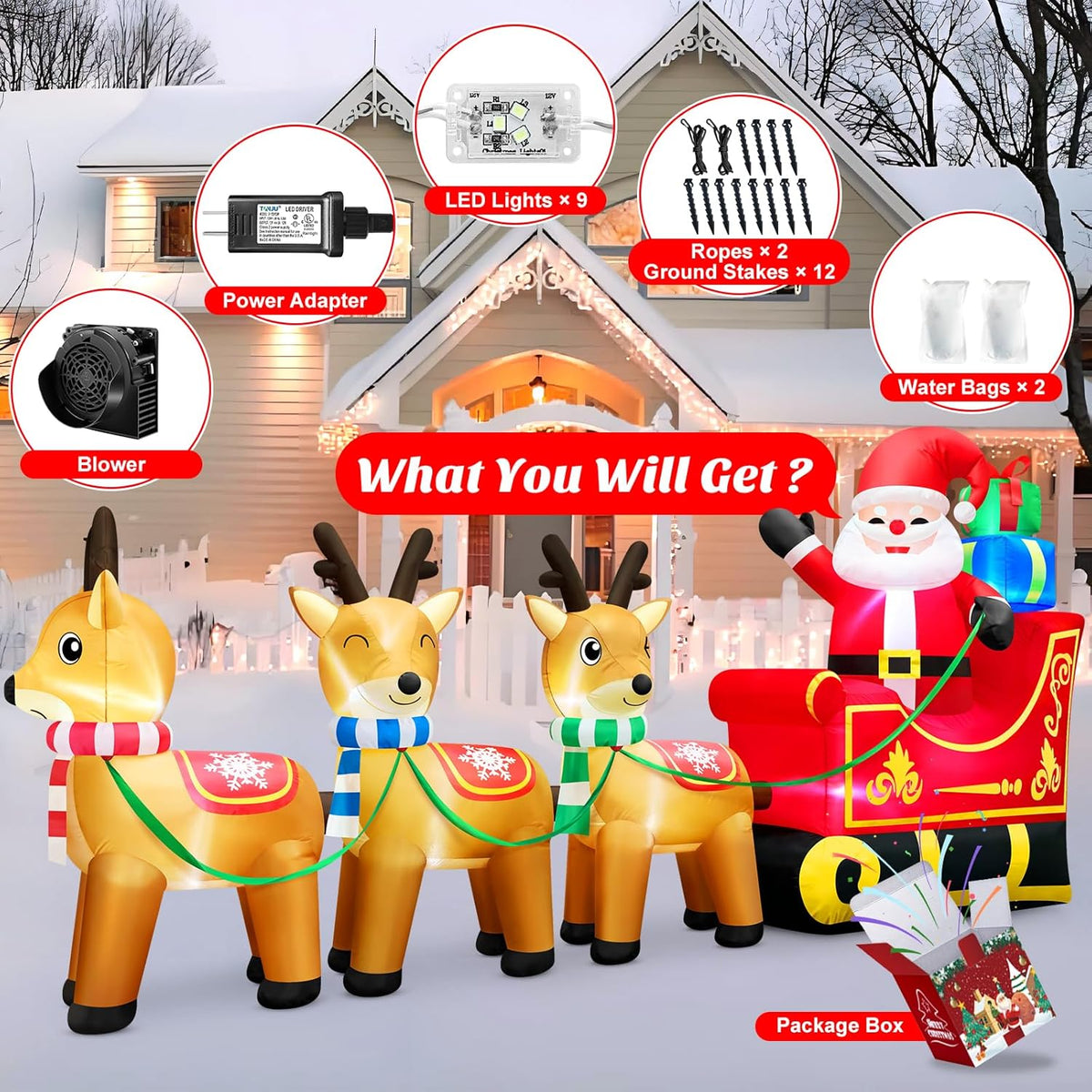 12 Foot Long Christmas Inflatables Santa Claus & Reindeer Sleigh Outdoor Decorations, Built-in LEDs Giant Funny Sled Merry Xmas Blow Up Yard Decoration Winter Inflatable Vacation Lawn Outside Blowups