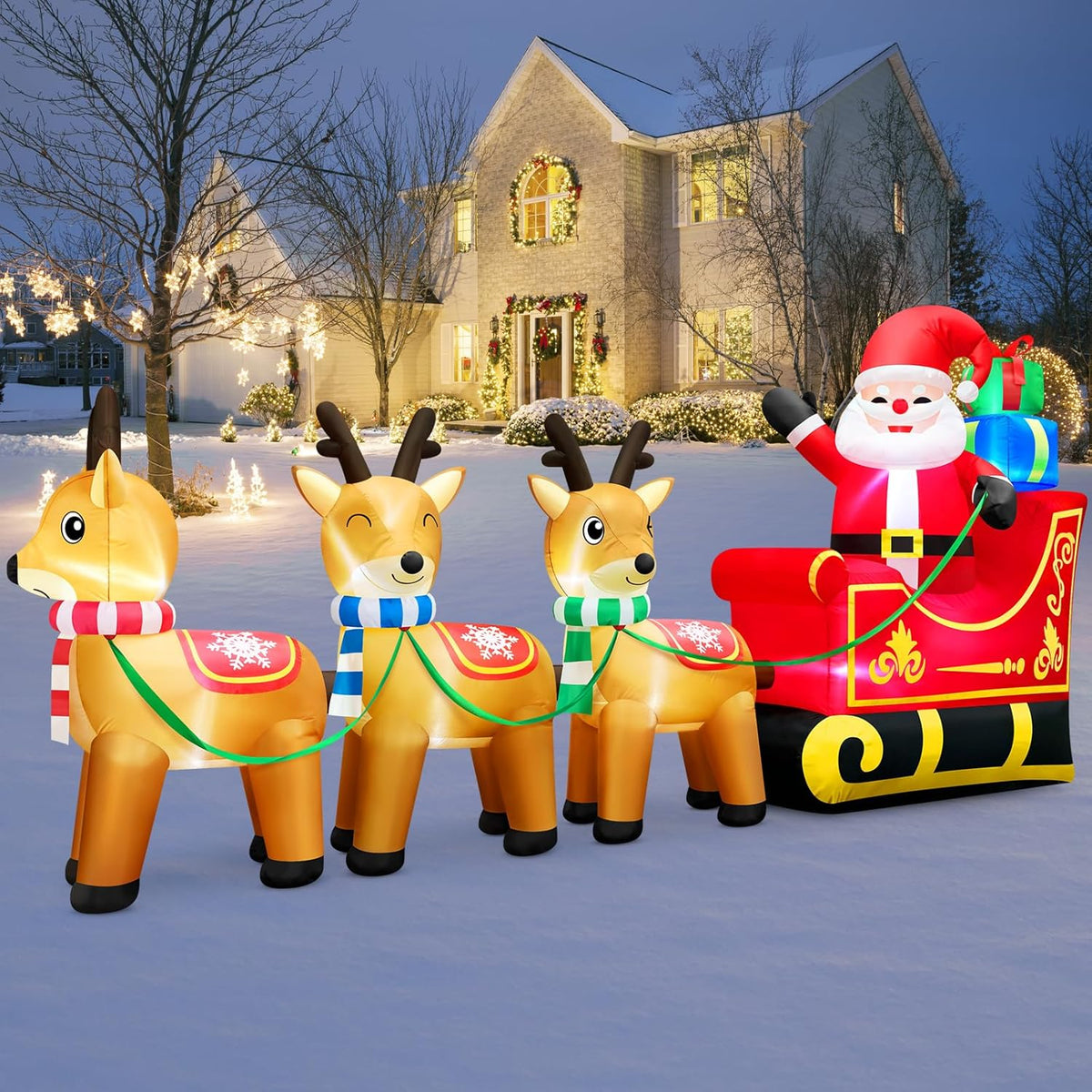 12 Foot Long Christmas Inflatables Santa Claus & Reindeer Sleigh Outdoor Decorations, Built-in LEDs Giant Funny Sled Merry Xmas Blow Up Yard Decoration Winter Inflatable Vacation Lawn Outside Blowups