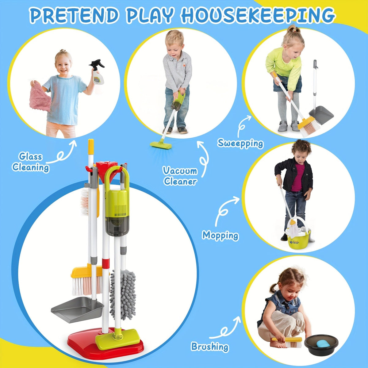 All-in-One Electric Toy Vacuum & Pretend Cleaning Set with Broom, Mop, Dustpan, Bucket & Storage Box — Role-Play Housekeeping Toy for Kids Ages 3+