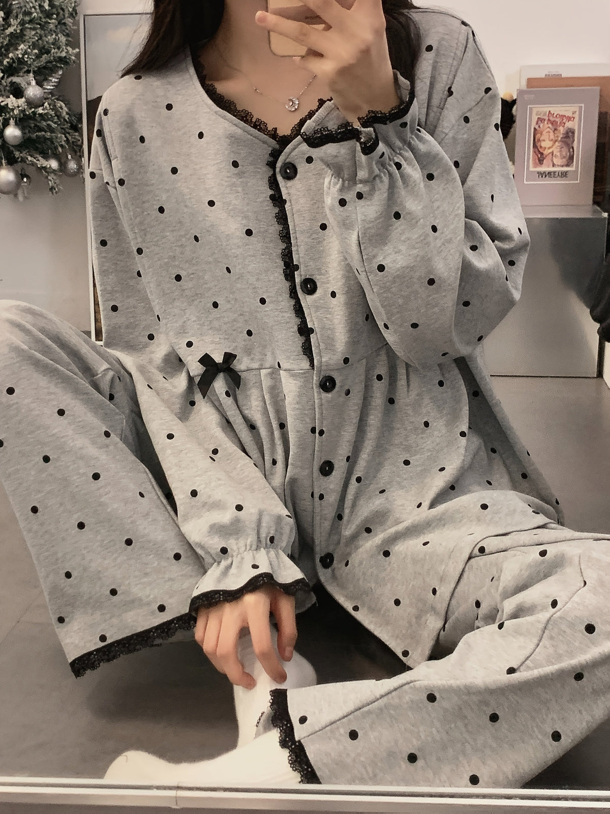 Women's Maternity Nursing Pajama Set – Long Sleeve Nightgown & Adjustable Pants, Polka Dot Stretch Knit Loungewear for Postpartum & Breastfeeding