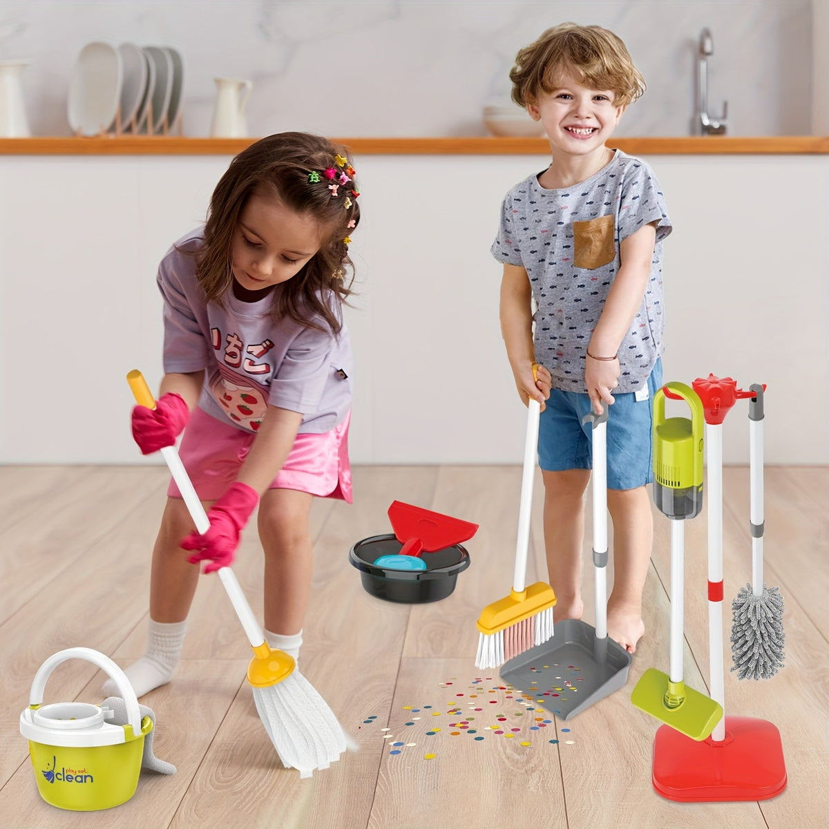 All-in-One Electric Toy Vacuum & Pretend Cleaning Set with Broom, Mop, Dustpan, Bucket & Storage Box — Role-Play Housekeeping Toy for Kids Ages 3+