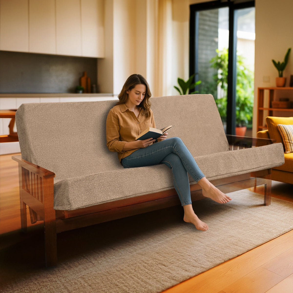 Memory Foam Infused Futon Mattress Full with Washable Cover - Linen, Beige+Light Natural, Mushroom