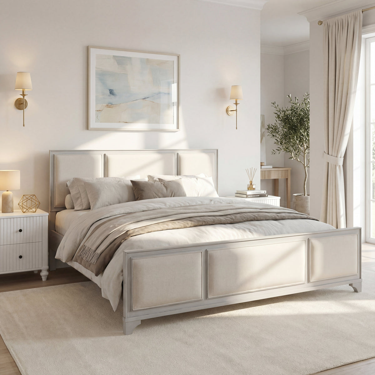 King Size Bed Frame with Upholstered Headboard - White-Washed Wood & Beige Upholstery