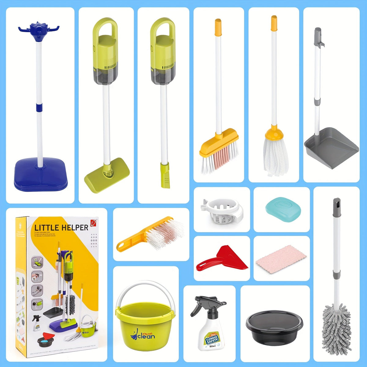 All-in-One Electric Toy Vacuum & Pretend Cleaning Set with Broom, Mop, Dustpan, Bucket & Storage Box — Role-Play Housekeeping Toy for Kids Ages 3+