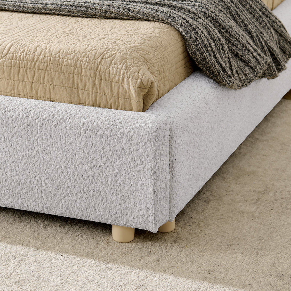 King Size Upholstered Bed Frame with Tall Curved Headboard - Beige