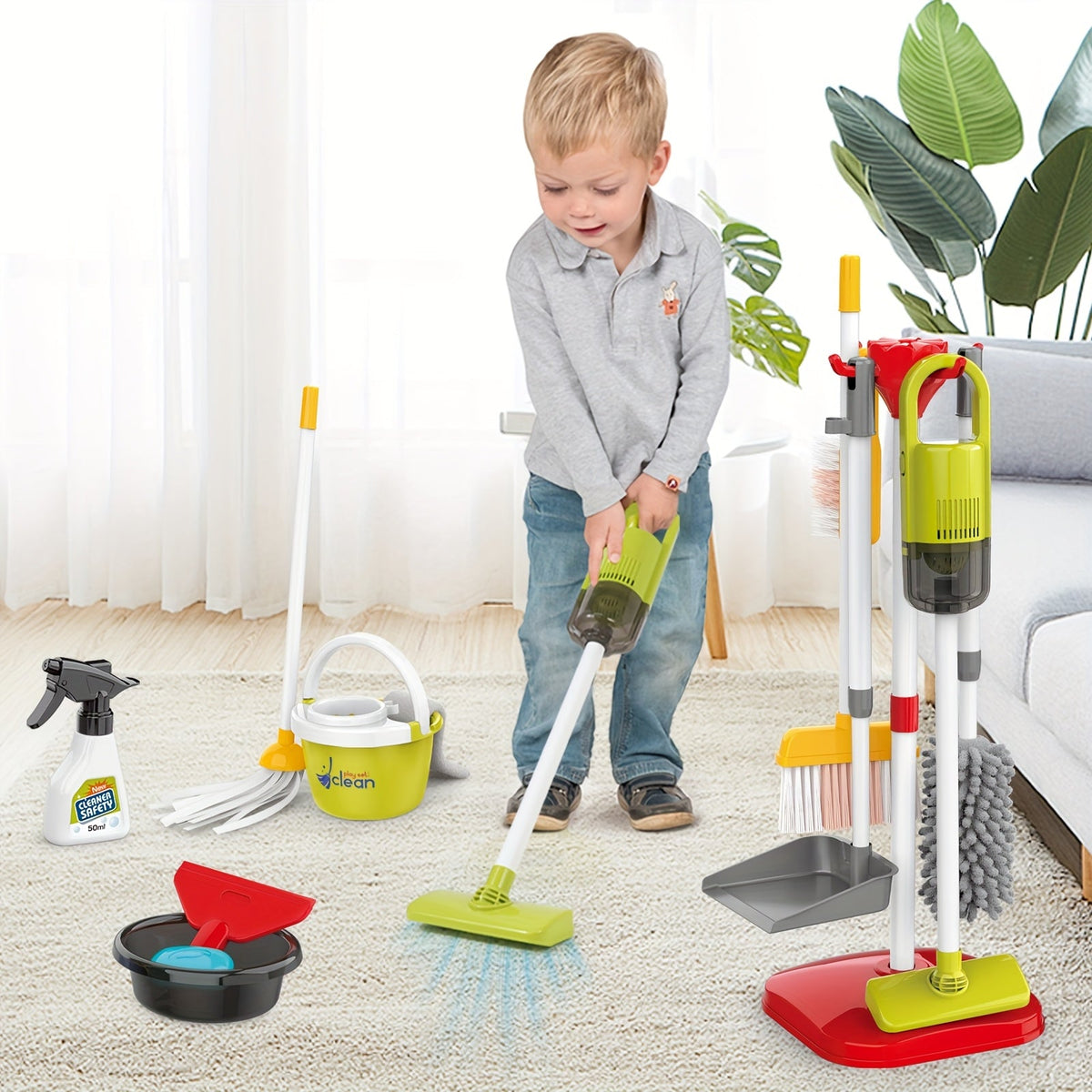 All-in-One Electric Toy Vacuum & Pretend Cleaning Set with Broom, Mop, Dustpan, Bucket & Storage Box — Role-Play Housekeeping Toy for Kids Ages 3+