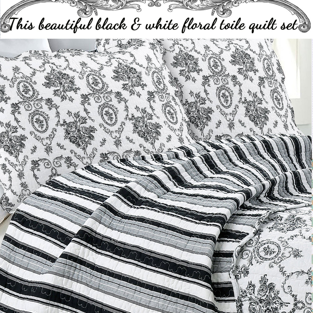 French Medallion Black Scalloped Edge Cotton 3-piece Reversible Quilt Bedding Set