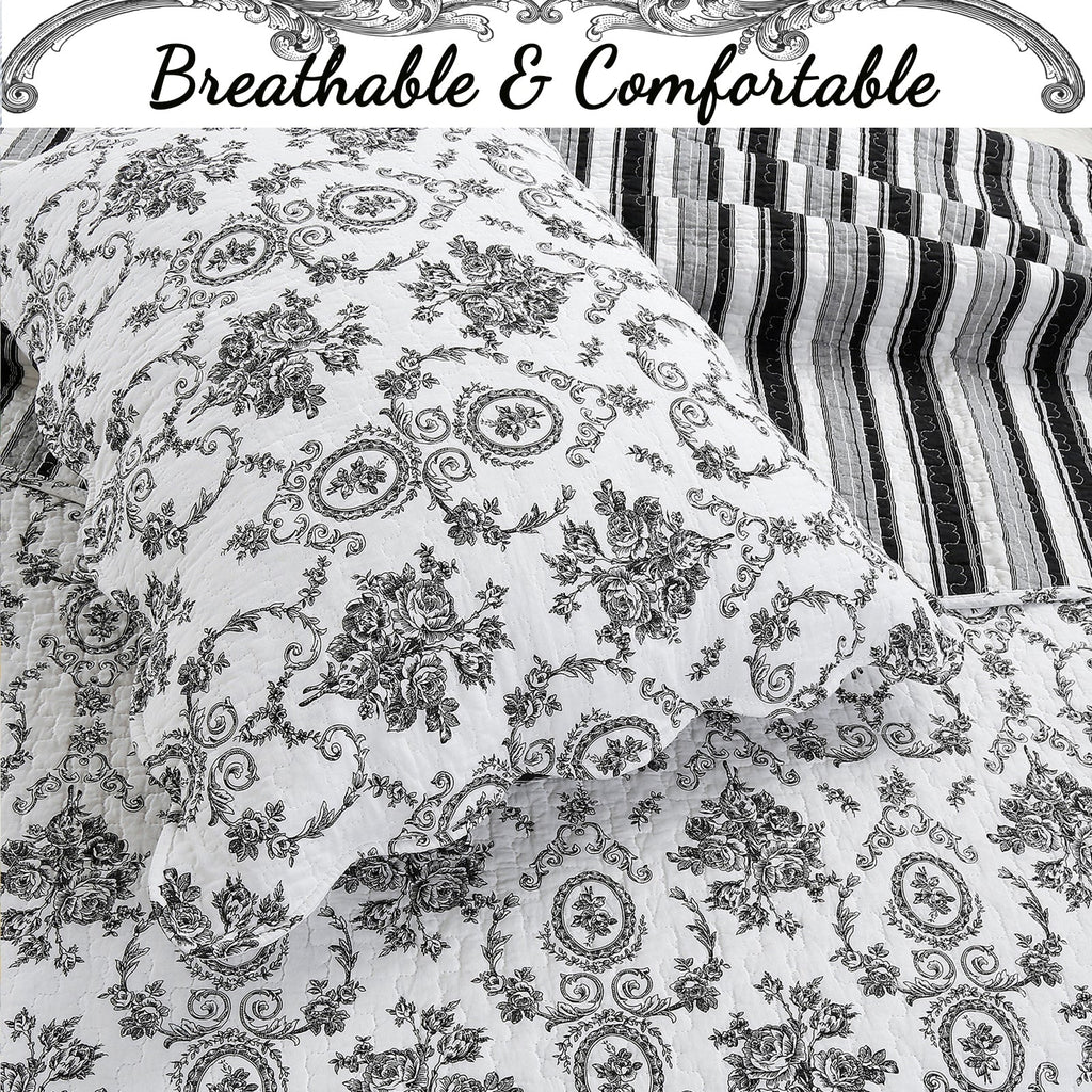 French Medallion Black Scalloped Edge Cotton 3-piece Reversible Quilt Bedding Set