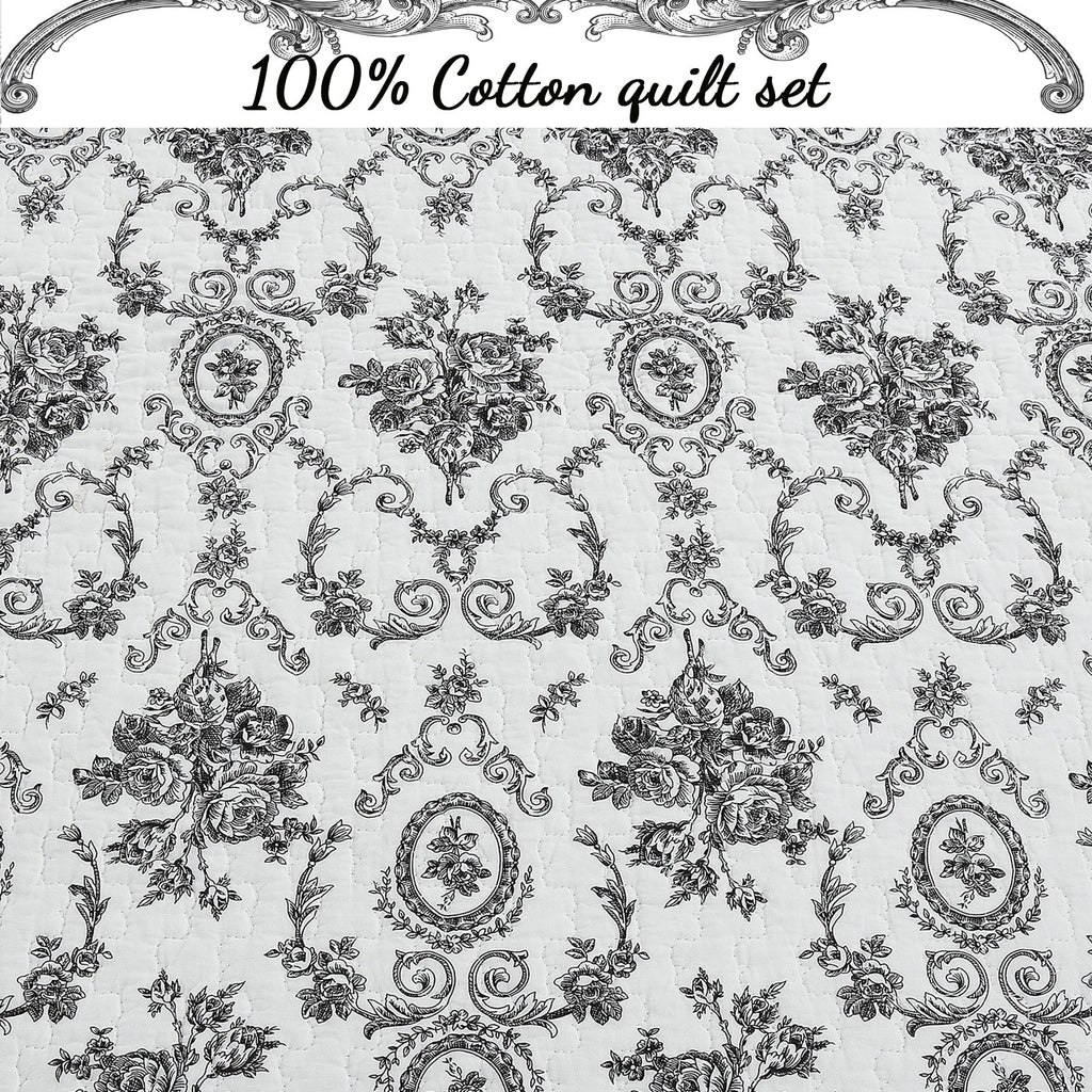French Medallion Black Scalloped Edge Cotton 3-piece Reversible Quilt Bedding Set