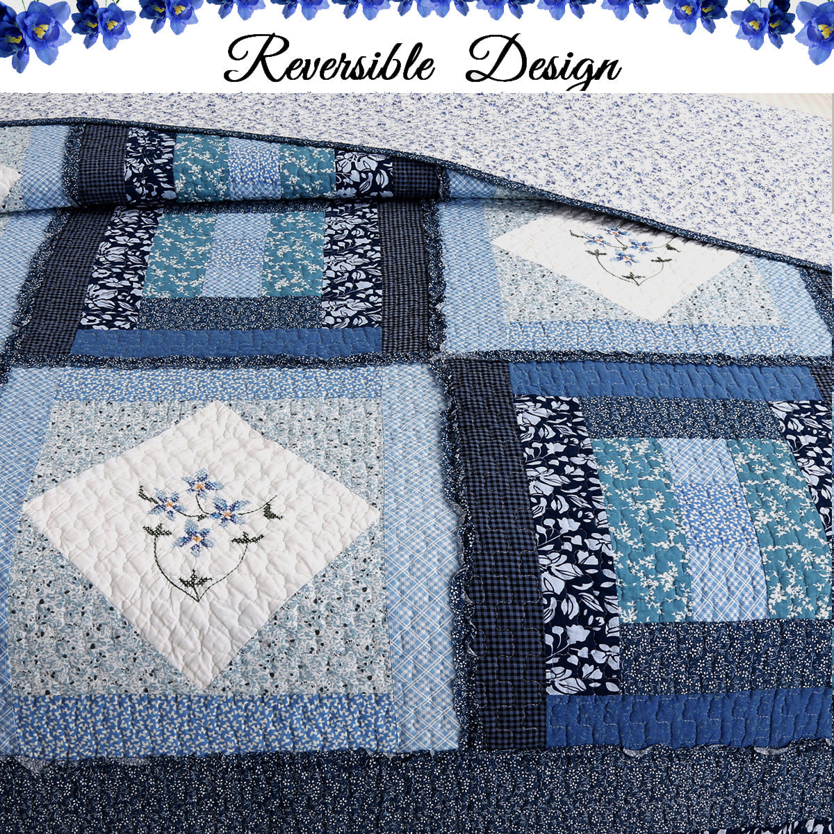 Moyle Blue Real Patchwork Embroidered Floral Ruffle Cotton 3-Piece Reversible Quilt Bedding Set