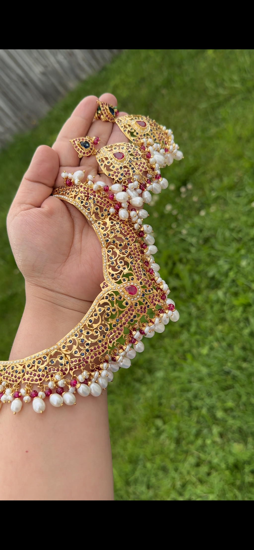 SN21 Ruby sapphire and fresh water pearl necklace with earrings in gold plated silver ( READY TO SHIP)