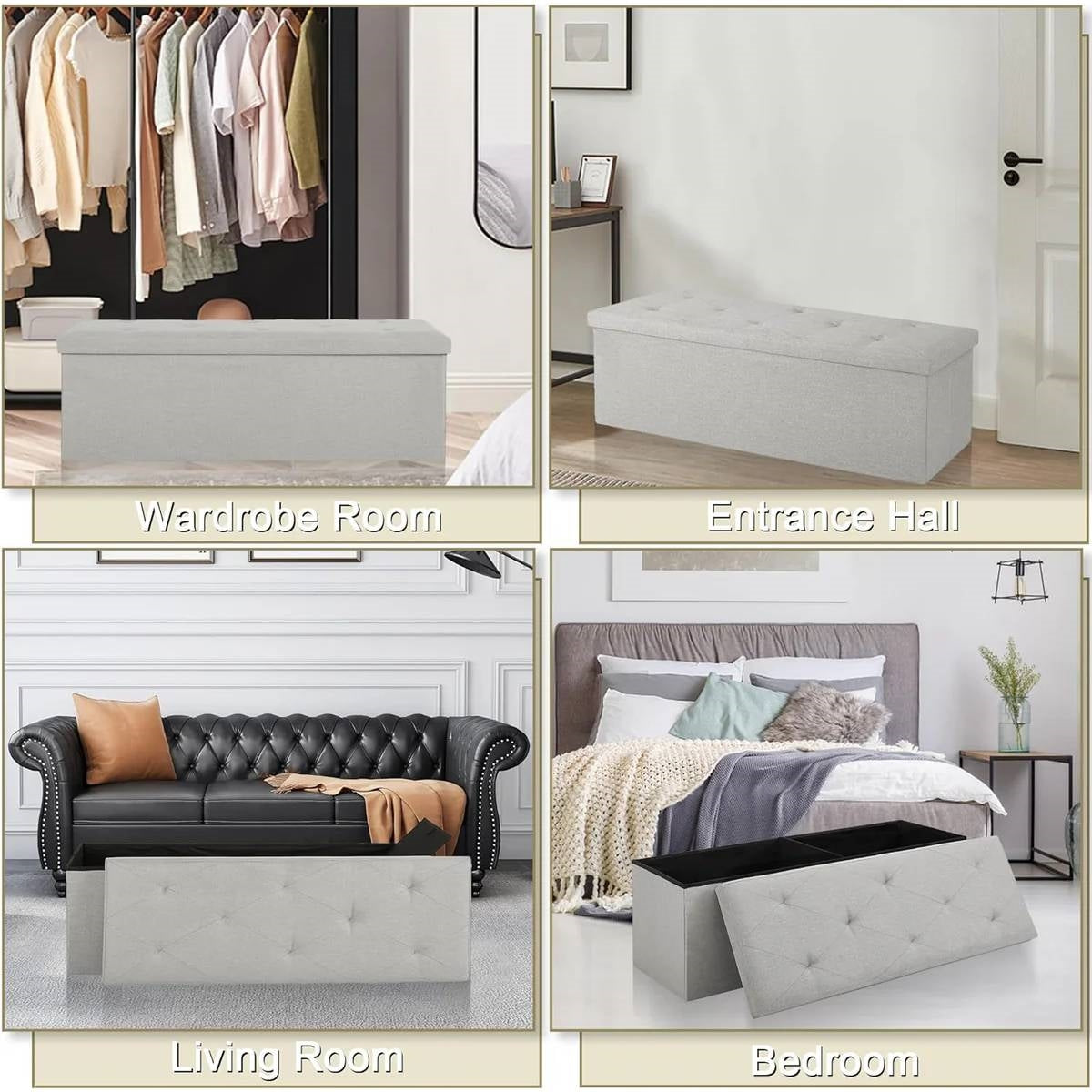 Light Grey Linen Upholstered Bedroom Living Room Entryway Storage Bench Ottoman