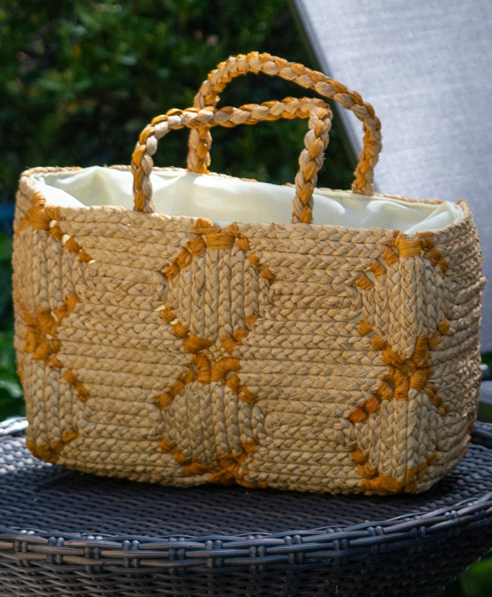 Gemma Two Tone Small Crochet Disc Raffia Straw Basket Handbag
