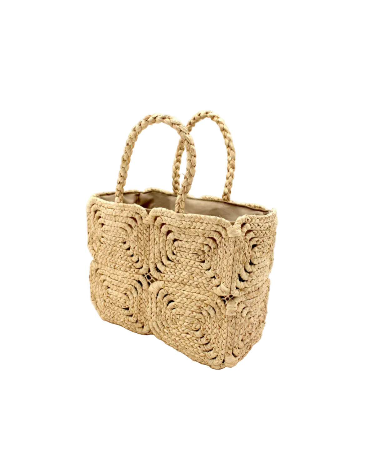 Gemma Two Tone Small Crochet Disc Raffia Straw Basket Handbag