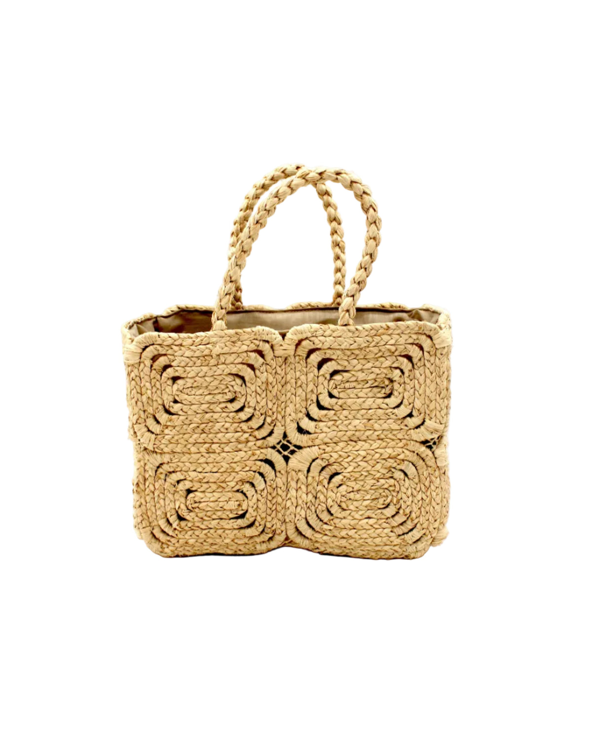Gemma Two Tone Small Crochet Disc Raffia Straw Basket Handbag