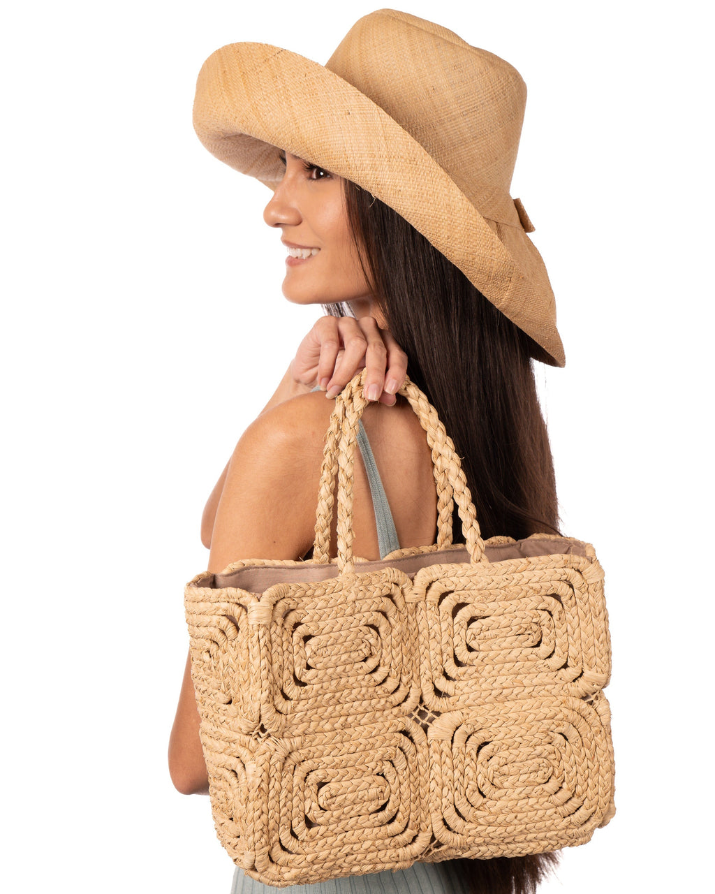 Gemma Two Tone Small Crochet Disc Raffia Straw Basket Handbag